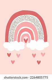 Cute Hand Drawn Illustration Of Rainbow With Clouds And Little Hearts On Pink Background. Simple Style Vector Graphic. Ideal As Wall Art For Kids Playroom, Valentine’s Day Card, Invitation, Poster.