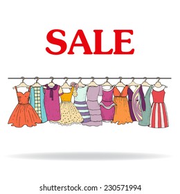 Cute hand drawn illustration with sale of fashionable clothes for women. Vector background for use in design