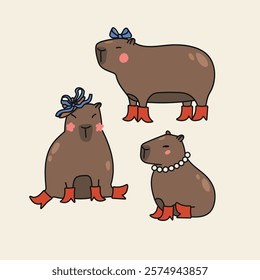 Cute hand drawn illustration set with capybaras dressed in boots and jewelry. Animal vector objects isolated on white. Template for package, gift card, ads design