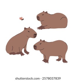 Cute hand drawn illustration set with capybaras . Animal vector objects isolated on white. Template for package, gift card, ads design