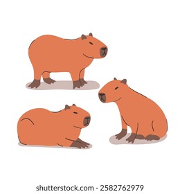 Cute hand drawn illustration set with capybaras . Animal vector objects isolated on white. Template for package, gift card, ads design