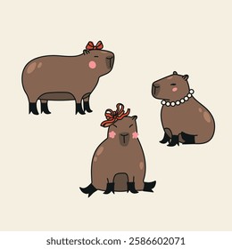 Cute hand drawn illustration set with capybaras dressed in boots and jewelry. Animal vector objects isolated on white. Template for package, gift card, ads design