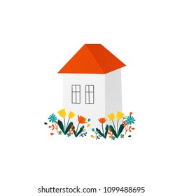 Cute hand drawn illustration, small house with spring garden. Tulip flowers, flowerbed doodle isolated on white. Design element for print, card, stickers.