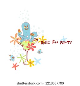 Cute hand drawn illustration of smiling octopus in the glass with tropical cocktail and flowers. Unique vector art for postcards, flyers and banners.
