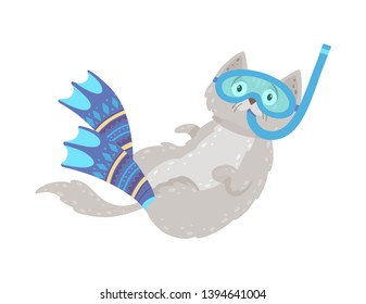 Cute hand drawn illustration with a swimming cat. Cat diving in flippers and mask. Vector illustration can be used for postcards, fabric printing, poster.