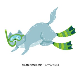 Cute hand drawn illustration with a swimming cat. Cat diving in flippers and mask. Vector illustration can be used for postcards, fabric printing, poster.