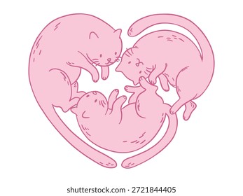 Linda ilustración dibujada a mano de tres gatos rosas que forman una forma de corazón. Arte de línea de estilo doodle mínimo con color pastel suave, perfecto para el amor, la amistad, los diseños de San Valentín y la marca linda.