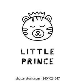 Cute hand drawn illustration with tiger face and lettering little prince isolated on white background.