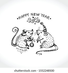Cute hand drawn illustration with two funny mice. Greeting vector card for Happy New Year congratulations. Year of the Rat 2020. Monochrome vector sketch in retro style.

