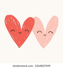 Cute Hand Drawn Illustration Of Two Smiling Hearts In Red And Pink Color On Off-White Background. Vector Isolated Design. Ideal For Valentine’s Day Greeting Card Or Nursery Wall Art.