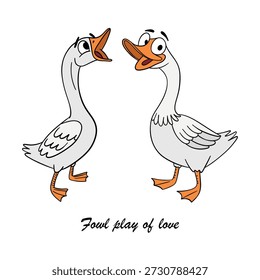 Cute hand drawn illustration of two loving geese created for Valentine’s Day