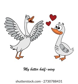 Cute hand drawn illustration of two loving geese created for Valentine’s Day
