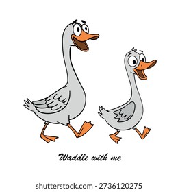 Cute hand drawn illustration of two loving geese created for Valentine’s Day