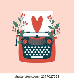 Cute hand drawn illustration with typewriter, sheet of paper with heart and winter plants, holly berries. Manual typewriter in modern flat style. Merry Christmas and New Year card template. 