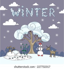 Cute hand drawn illustration with winter landscape. Vector for use in design