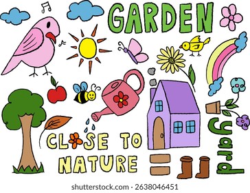 Cute hand drawn illustrations of bird, tree, apple, house, rainbow, yard, sun, bee, butterfly, watering pot, flowers for cartoon, characters, comic, sticker, close to nature, garden, environment, icon