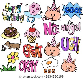 Cute hand drawn illustrations of cat wearing party hat, birthday cake, cupcake, puppy, flowers, egg, pink candy ring, happy birthday letters for cartoon, characters, comic, stickers, sweet desserts