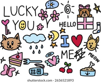 Cute hand drawn illustrations of cat, teddy bear, gift box, cloud and rain, moon, stars, heart with angel wings, flowers, cake, fork, butterfly, mobile phone for cartoon, characters, comic, stickers	