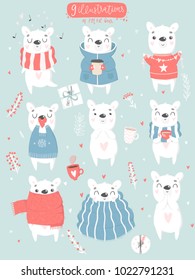 Cute hand drawn illustrations collection with cute polar bear. Cards, tags, posters, labels templates design set. Valentines day romantic love symbols or cute girl or baby shower room decor element