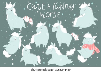 Cute hand drawn illustrations collection with cute horses. Perfect for cards, tags, posters, labels stickers templates design set. Pretty baby shower room decor element. Adorable blue pony character