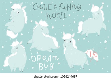 Cute hand drawn illustrations collection with cute horses. Perfect for cards, tags, posters, labels stickers templates design set. Pretty baby shower room decor element. Adorable blue pony character
