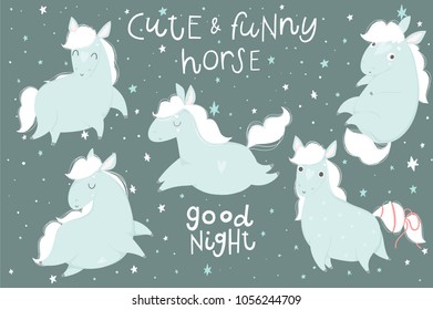 Cute hand drawn illustrations collection with cute horses. Perfect for cards, tags, posters, labels stickers templates design set. Pretty baby shower room decor element. Adorable blue pony character