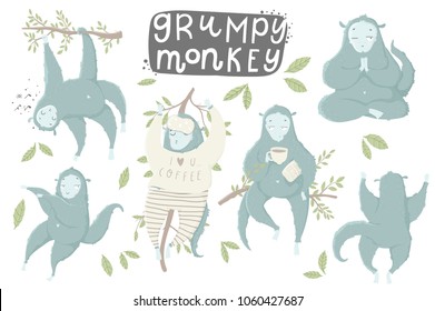 Cute hand drawn illustrations collection with funny and grumpy monkey. Cards, tags, posters, labels templates design set. Perfect for cute baby shower room decor element