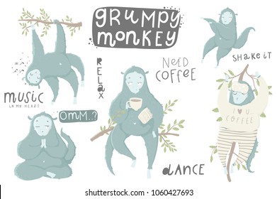 Cute hand drawn illustrations collection with funny and grumpy monkey. Cards, tags, posters, labels templates design set. Perfect for cute baby shower room decor element