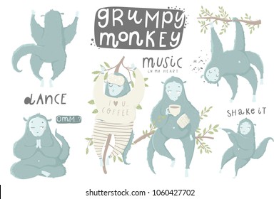 Cute hand drawn illustrations collection with funny and grumpy monkey. Cards, tags, posters, labels templates design set. Perfect for cute baby shower room decor element