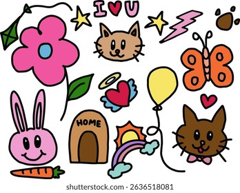 Cute hand drawn illustrations of flower, cat, bunny, butterfly, balloon, heart with angel wings, pet house, rainbow and sun, carrot for animals, pet shop, cartoon, characters, sticker, summer break