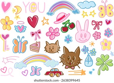 Cute hand drawn illustrations of pink bunny, brown cat, rainbow, cake, flowers, butterfly, heart, ribbon, car, heart key, cherry, hat, clover leaf, flower in vase, cloud for cartoon, animals, stickers