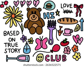 Cute hand drawn illustrations of teddy bear, flower, heart, bread loaf, butterfly, lemon, champagne glass, coffee cup, fork, fish, cherry, tomato, balloon for cartoon, stickers, icon, animal, fruits