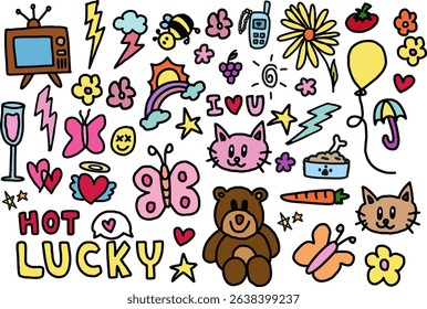 Cute hand drawn illustrations of thunder storm, bee, flower, mobile phone, rainbow, sun, butterfly, cat, teddy bear, heart with angel wings, carrot, television, champagne glass, balloon, tomato