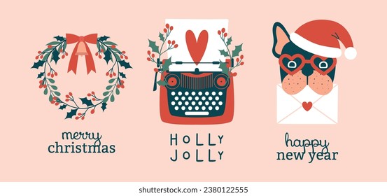 Cute hand drawn illustrations with typewriter, sheet of paper with heart, winter plants, holly berries, french bulldog who holding envelope, wreath. Merry Christmas and New Year card template. 