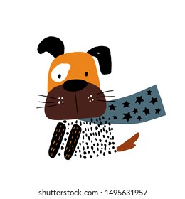 Cute hand drawn with ink dog hero. vector illustration in scandinavian style.Ready design for greeting card, posters, apparel