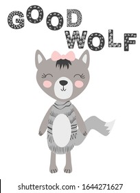 Cute hand drawn with ink wolf hero. Cartoon illustration in scandinavian style