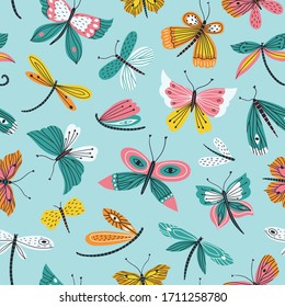 Cute hand drawn insects vector seamless pattern. Butterflies and dragonflies on blue background. Suitable for textile, wrapping paper, surface design.