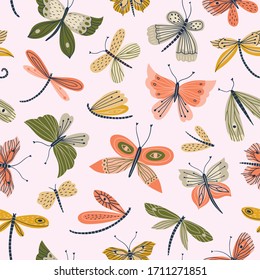 Cute hand drawn insects vector seamless pattern. Butterflies and dragonflies on pink background. Suitable for textile, wrapping paper, surface design.