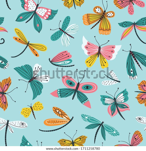 Cute hand drawn insects vector seamless pattern. Butterflies and dragonflies on blue background. Suitable for textile, wrapping paper, surface design.