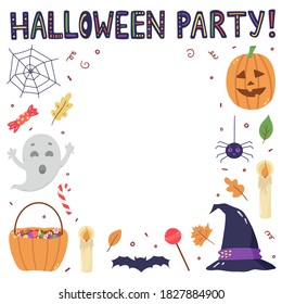 Plantilla de invitación hecha a mano para la fiesta de Halloween. Ilustraciones de halloween vectoriales coloridas aisladas en blanco.