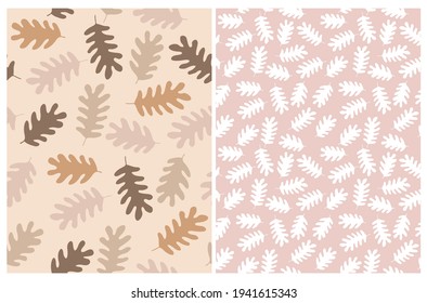 Cute Hand Drawn Irregular Autumn Leaves Vector Patterns. Abstract Falling Leaves Isolated on a Beige and Pink Background. Funny Infantile Style Floral Print ideal for Fabric, Textile.
