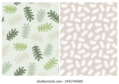 Cute Hand Drawn Irregular Autumn Leaves Vector Patterns. Abstract Falling Leaves Isolated on a Beige and Light Green Background. Funny Infantile Style Floral Print ideal for Fabric, Textile.