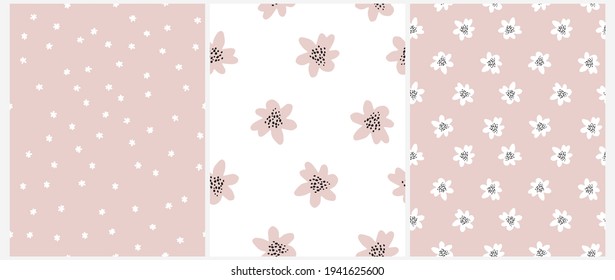 Cute Hand Drawn Irregular Floral Vector Patterns With White Tiny Flowers Isolated On A Pastel Pink Background. Funny Infantile Style Garden Print Ideal For Fabric, Textile. Pink Petals On A White.