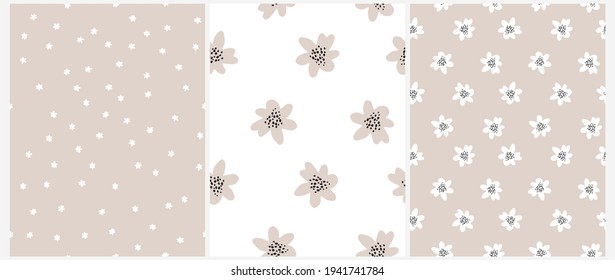 Cute Hand Drawn Irregular Floral Vector Patterns with White Tiny Flowers Isolated on a Light Beige. Funny Infantile Style Garden Print ideal for Fabric, Textile. Dusty Beige Petals on a White.