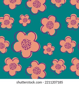 Cute Hand Drawn Irregular Floral Vector Pattern with corel pink Flowers Isolated on a green Background. Funny Infantile Style Garden Print ideal for Fabric, Textile. Pink Petals.