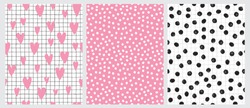 Cute Hand Drawn Irregular Hearts And Dots Vector Patterns. Pink Hearts And Black Grid Isolated On A White Background. Tiny White Dots On A Pink. Black Brush Dots On A White. Funny Infantile Design.
