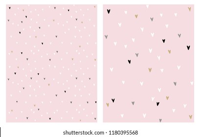 Cute Hand Drawn Irregular Hearts Vector Patterns. White, Black, Grey and Gold Hearts on a Light Pink Background. Funny Infantile Design.  Love Symbol. Valentine's Day Layout. Sweet Romantic Patterns.
