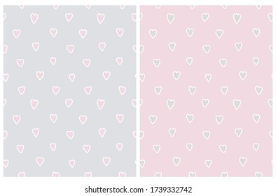 Cute Hand Drawn Irregular Hearts Vector Patterns. Pink  Hearts with White Outline Isolated on a Light Gray Background. Gray and White Hearts on a Pink Backdrop. Romantic Template.