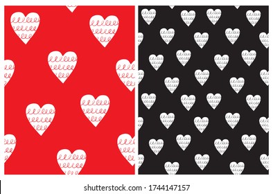 Cute Hand Drawn Irregular Hearts Seamless Vector Patterns. White Freehand Hearts with Loops Isolated on a Red and Black Background. Funny Infantile Romantic Design. Valentine's Day Print.