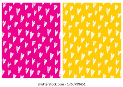 Cute Hand Drawn Irregular Hearts Seamless Vector Patterns. White Sketched Hearts Isolated on a Pink and Yellow Background. Romantic Design. Funny Doodle Hearts Print.